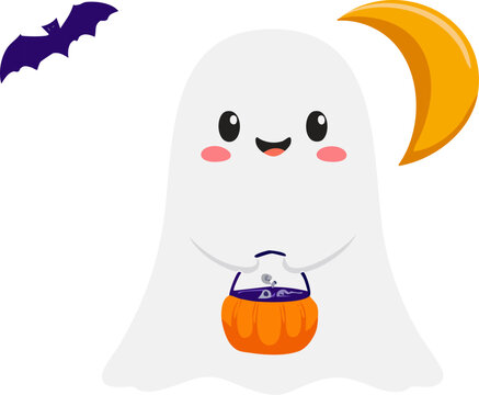  Un fantasma feliz sostiene un cubo de calabaza junto a una luna creciente. Ideal para tarjetas y decoraci&oacute;n de Halloween.
