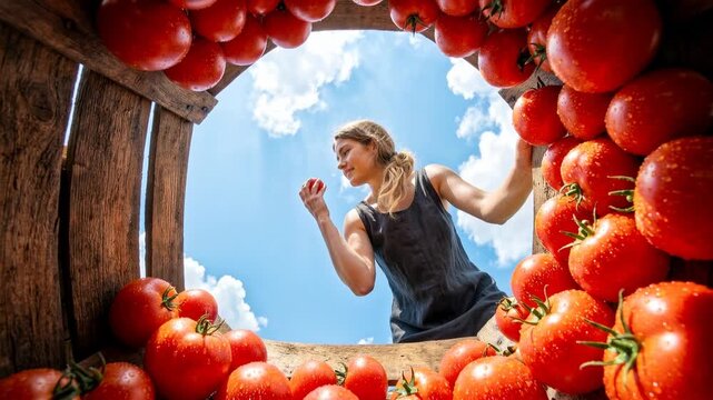 A young woman smiles while picking fresh, juicy tomatoes from a rustic wooden structure against a bright blue sky with clouds