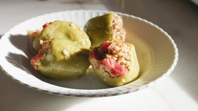 Close-up of traditional Turkish dolma served on white plate in sunlight