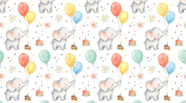 Watercolor baby elephant pattern. Cute animal birthday background with balloons and cake.