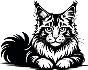 Fototapeta premium Maine coon cat black silhouette vector icon, lying fluffy kitten portrait, line art domestic pet illustration