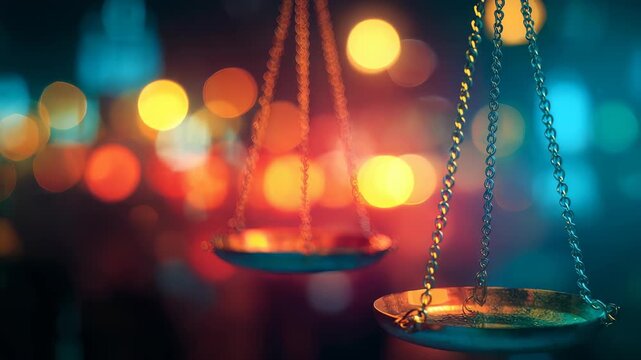 A pair of metallic justice scales is highlighted against a colorful, blurred cityscape filled with glowing lights. The image conveys themes of law, equality, and urban sophistication at night