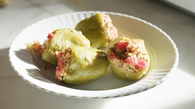Close-up of traditional Turkish dolma served on white plate in sunlight