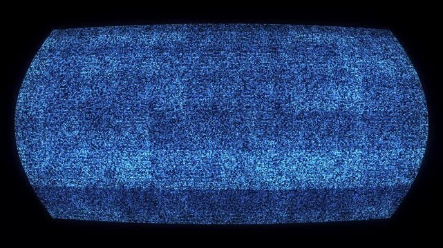 Glitch TV static display visual blue pixel noise, curved monitor shape, and dark signal interference style. for broadcast errors, retro 19 clips, surveillance overlays, broken screens, motion