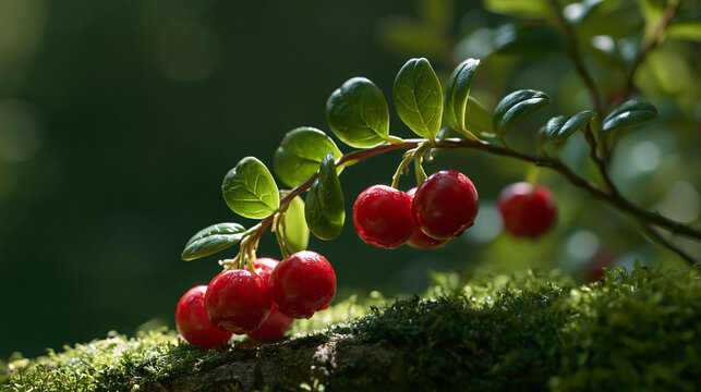 checkerberry. Checkerberry fruits and green leaves on forest moss, wild nature and harvest concept, representing seasonal cycles and harvest abundance.