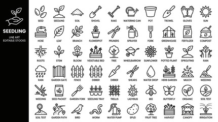 Fototapeta premium Large Set of Gardening Line Art Icons with Plants Garden Tools Nature and Agriculture Symbols Vector Illustration