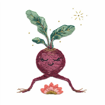 Embroidered purple beetroot character meditating near a flower on white background