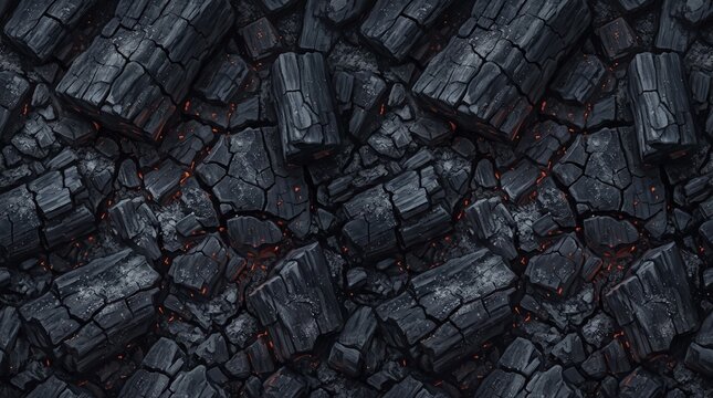 Black charcoal seamless pattern texture with burning red glowing embers background