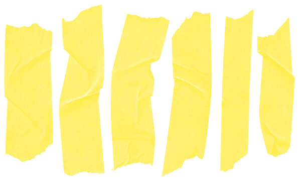 Set of six yellow masking tape strips isolated on a transparent background for creative design projects