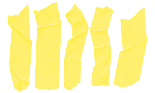 Set of isolated yellow masking tape strips with jagged edges on a clean transparent background for design projects