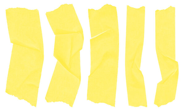 Set of yellow masking tape strips with realistic wrinkled texture isolated on a transparent background