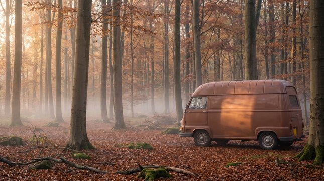 Copper vintage camper resting beneath tall autumn beech trees as warm dawn glows through delicate haze, fallen leaves and moss-covered stones forming an inviting scene of nostalgic outdoor freedom