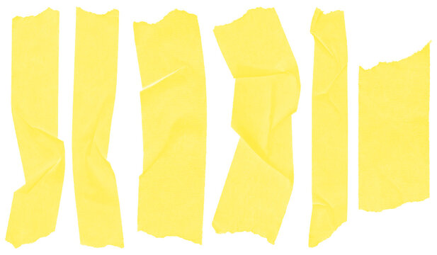 Set of isolated yellow masking tape strips with a transparent background for digital design and scrapbooking
