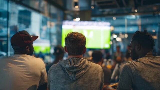 A group of men enjoy a thrilling basketball match in a trendy city bar, surrounded by reflections and vibrant energy. The scene captures camaraderie and urban nightlife vibes