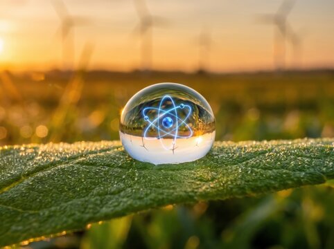 Glass Sphere with Energy Symbol Resting on Dewy Leaf at Sunset