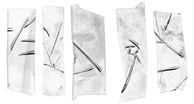 Set of realistic transparent adhesive tape strips isolated on a pure white transparent background for professional design projects