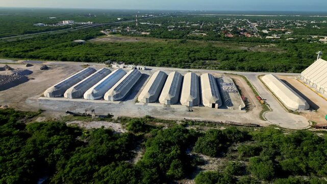 Aerial view of an industrial aggregate storage plant