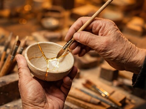 Artisan Repairing Cracked Ceramic Bowl With Golden Lacquer Technique