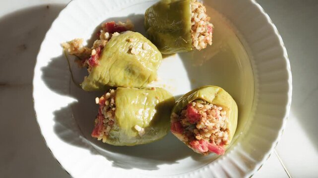 Close-up of traditional Turkish dolma served on white plate in sunlight