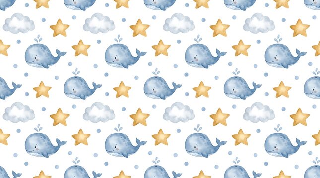 Watercolor whale pattern for nursery. Cute baby blue whales with stars and clouds.