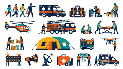 Naklejka premium Flat Vector Emergency Services Icons Set: Disaster Relief, First Responders, Medical Aid, and Humanitarian Tools