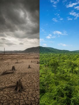 Split Image Contrasting Drought Landscape With Lush Green Forest