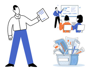 Business people presenting data and organizing documents vector illustration. Corporate training, office workflow, data analysis, professional education, task management, information organization © Dmytro