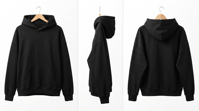 Blank black male hoodie sweatshirt long sleeve, mens hoody with hood for your design mockup for print, isolated on white background. Template sport winter