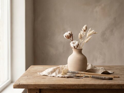 Dried flowers in a ceramic vase on a wooden table. Minimalist home decor with rustic style.