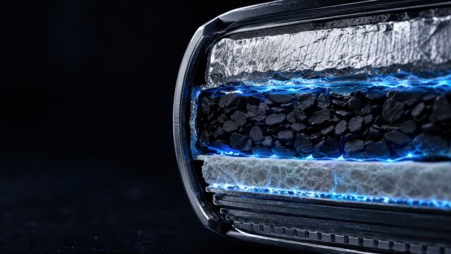 Cutaway View of Battery Energy Storage Cell with Blue Glow