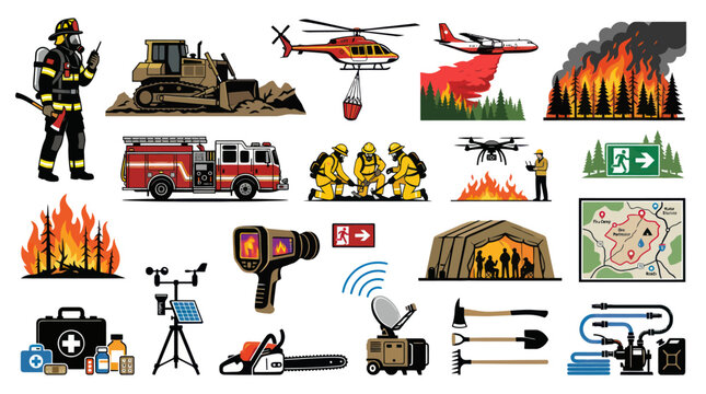 Wildfire Fighting Equipment and Emergency Response Icons Flat Style