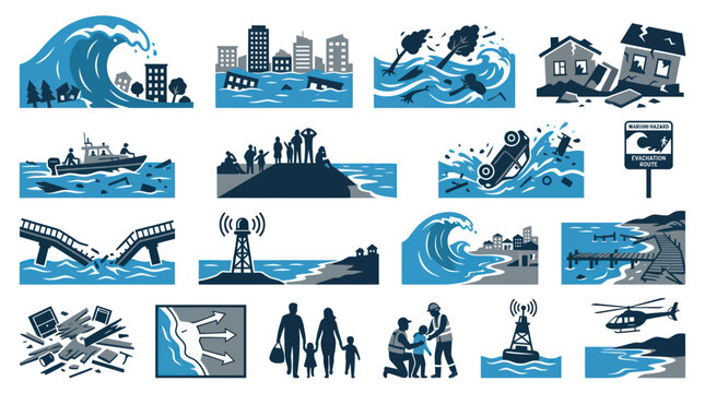 Flat Vector Icons Set: Natural Disaster Tsunami, Flood, Earthquake, Evacuation Signs