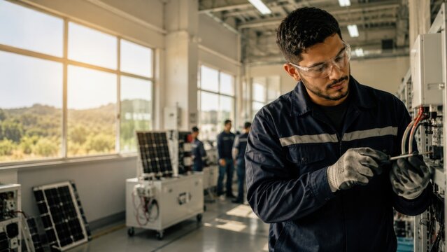 Technician Assembling Solar Equipment in Training Workshop