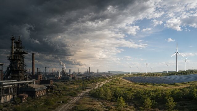 Panoramic Landscape of Old Industrial Plant and Wind Farm