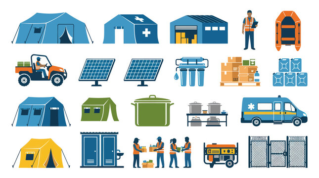 Flat Design Icons of Disaster Relief and Emergency Aid Equipment