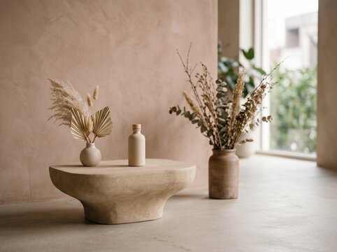 Minimalist product display podium. Modern beige stone pedestal for luxury cosmetic branding.