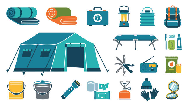 Flat Design Camping Gear Icons - Tent, Backpack, First Aid Kit, Stove