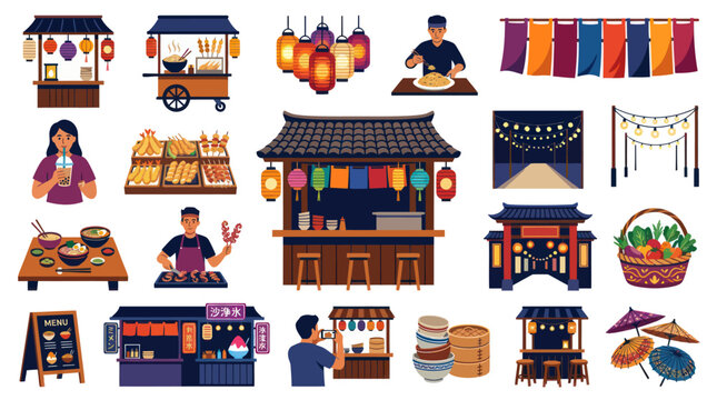Asian Street Food Market Elements Flat Vector Icons Set - Stalls, Vendors, and Traditional Cuisine