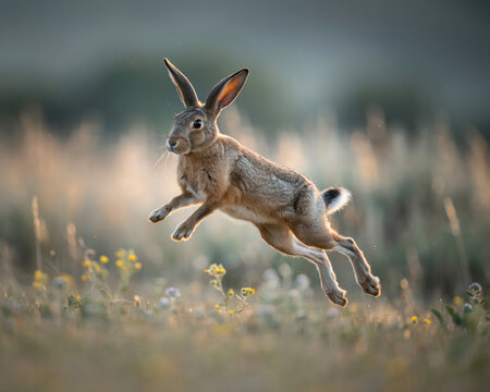 Brown Hare Leaping Through Grassy Field at Sunset rabbit