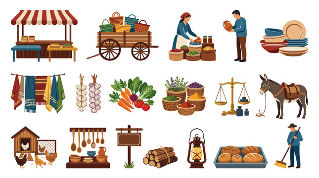 Flat Vector Farmers Market  Agriculture Elements Set. Rural Life Food Production Icons Collection.
