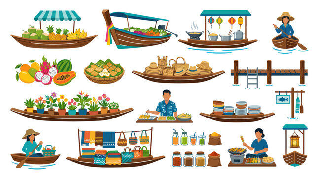 Flat Design Vector Illustration of a Floating Market with Boats, Food, and People