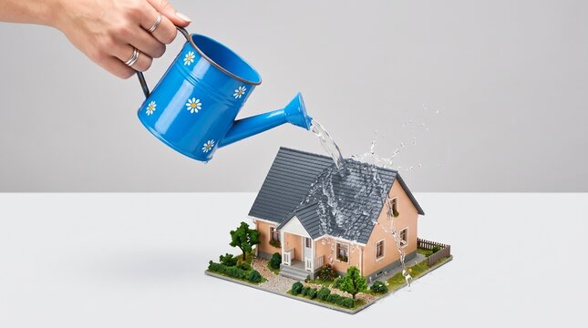 Conceptual real estate growth, hand watering a small house model with a blue watering can, property investment and home maintenance concept