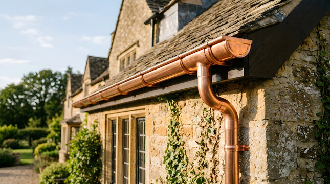 shiny copper guttering on stone house | luxury home exterior drainage system | residential copper downspout installation | traditional cottage roof maintenance