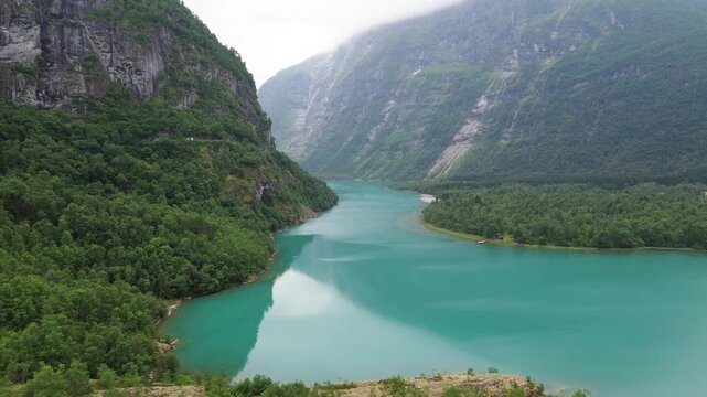 Spectacular Aerial View of Lovatnet Valley and Ramnefjellet in Loen, Norway