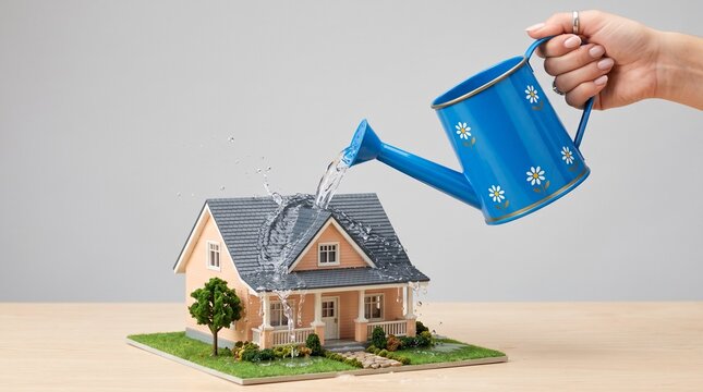 Real estate investment concept with hand watering a model house, blue watering can nurturing a miniature home, property growth and mortgage insurance metaphor