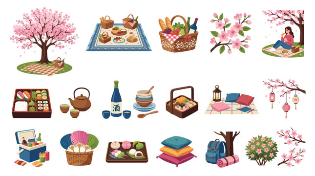 Japanese Spring Hanami Picnic Flat Vector Illustration Collection. Cherry Blossom, Food, Drink, Outdoor Lifestyle.