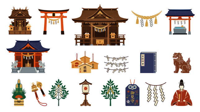 Japanese Shinto Shrine Culture Flat Vector Illustration Icons Set. Traditional Japan Religion Symbols.