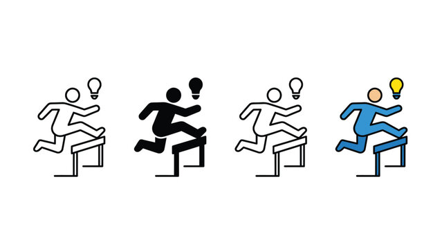 Four stick figures jumping over obstacles with lightbulbs  business idea and innovation concept