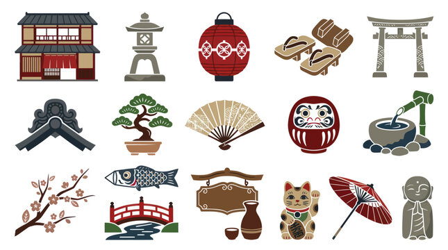 Japanese Culture Flat Vector Icons Set. Traditional Japan Travel Symbols Collection