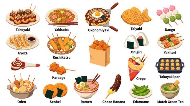 Japanese Food Flat Vector Illustration of Traditional Cuisine, Street Food, and Popular Dishes Collection